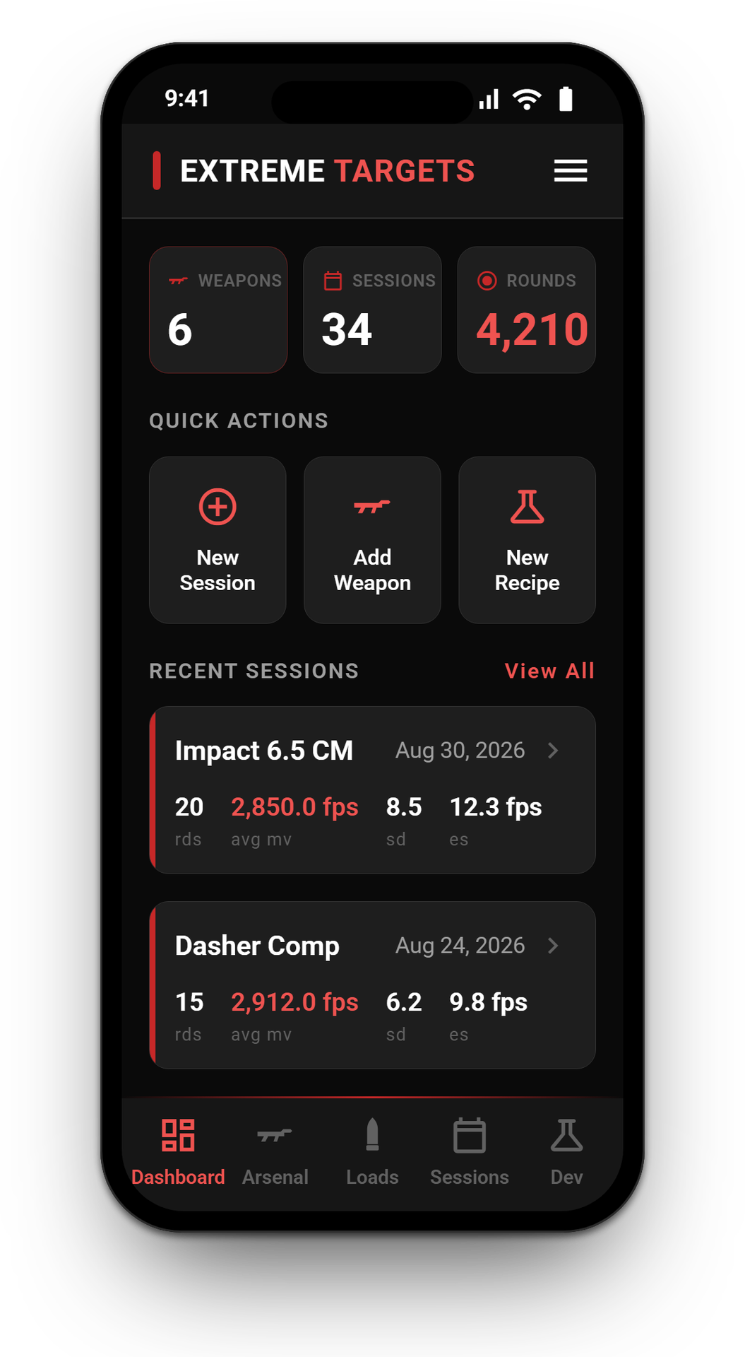 Extreme Targets app - Dashboard